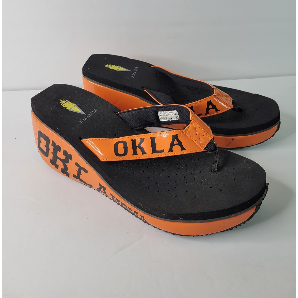 Volatile Oklahoma Platform Flip Flops Orange Black Wedge Sandals Womens 10